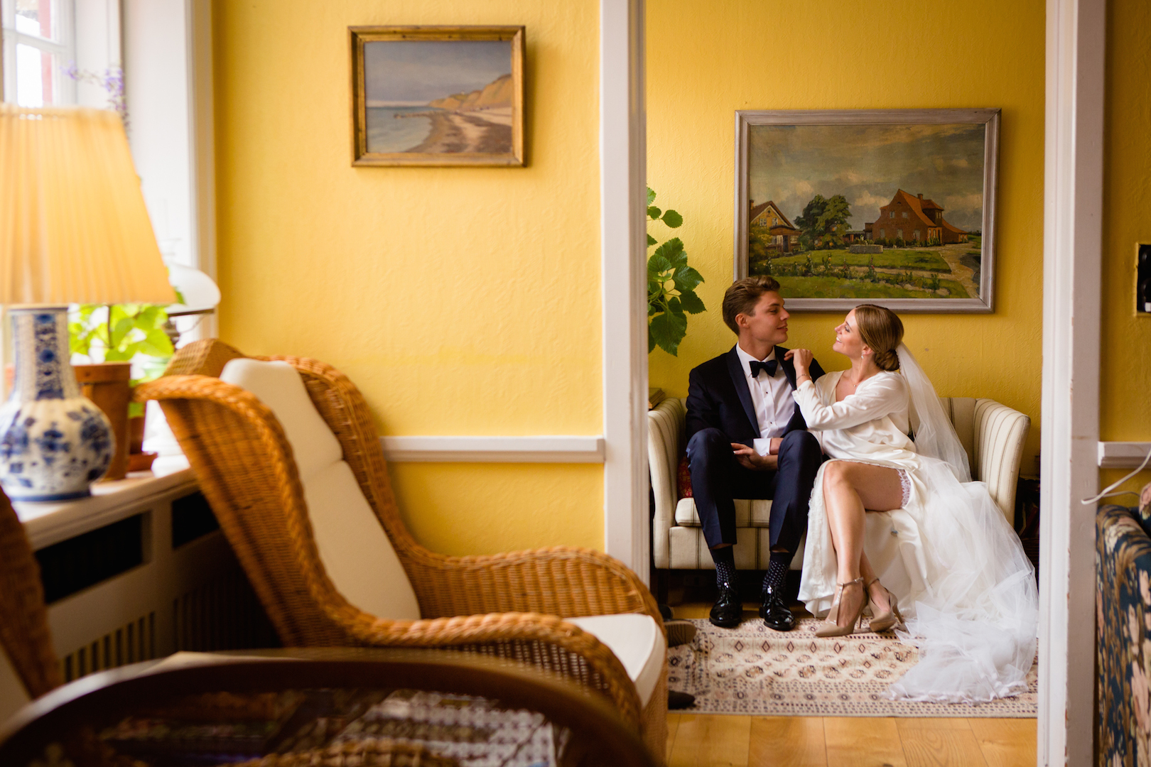 Bride and groom in the waiting room at the registry office of the Danish town of Rønne on Bornholm