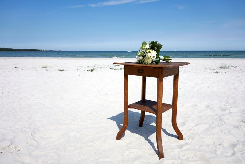 Wedding bouquet on a table on Bornholm beach