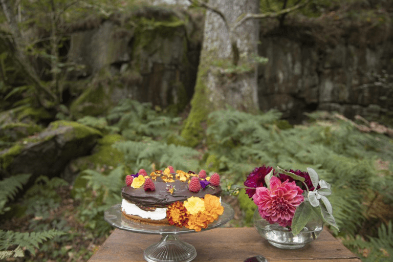 Floral decorations for a wedding with the backdrop of a wood on Bornholm