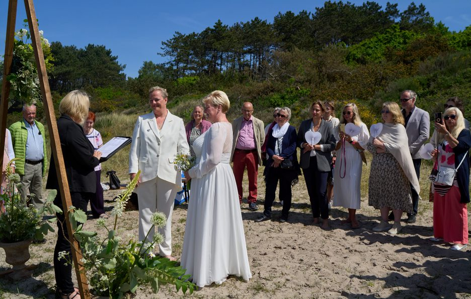 A same sex female couple during a wedding ceremony on the Danish island of Bornholm.