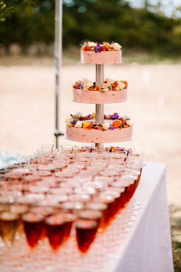 A tiered wedding cake on a wedding buffet in Denmark.