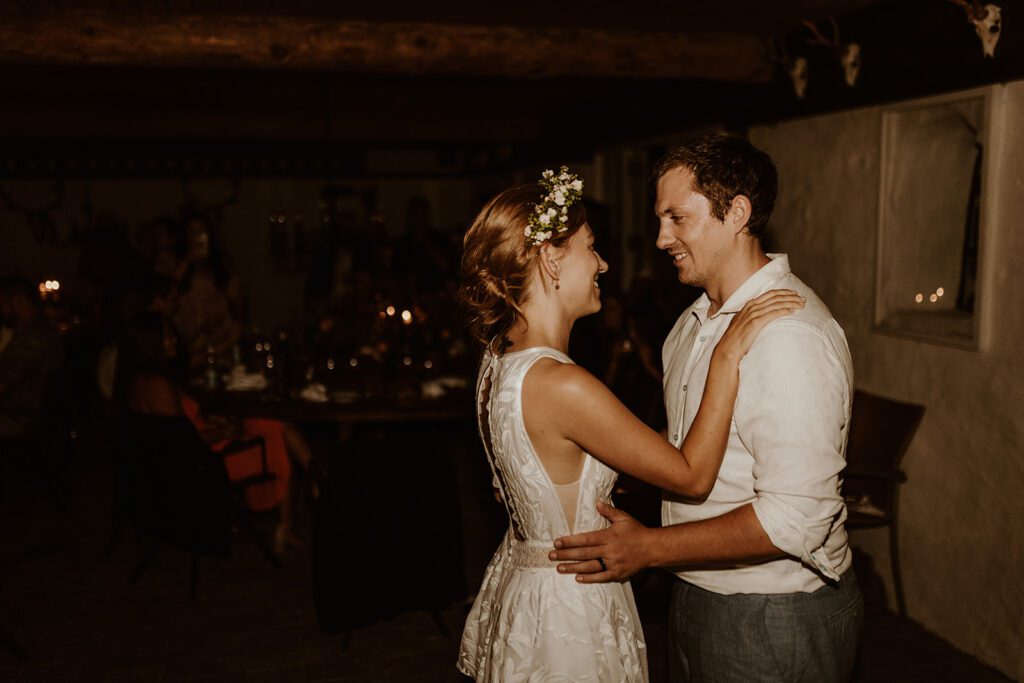 A couple takes the first wedding dance at their wedding on Bornholm in Denmark.