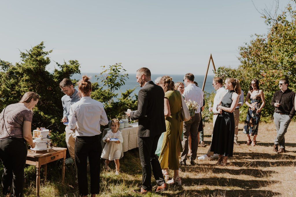 Wedding guests enjoy a Danish buffet on the beach.