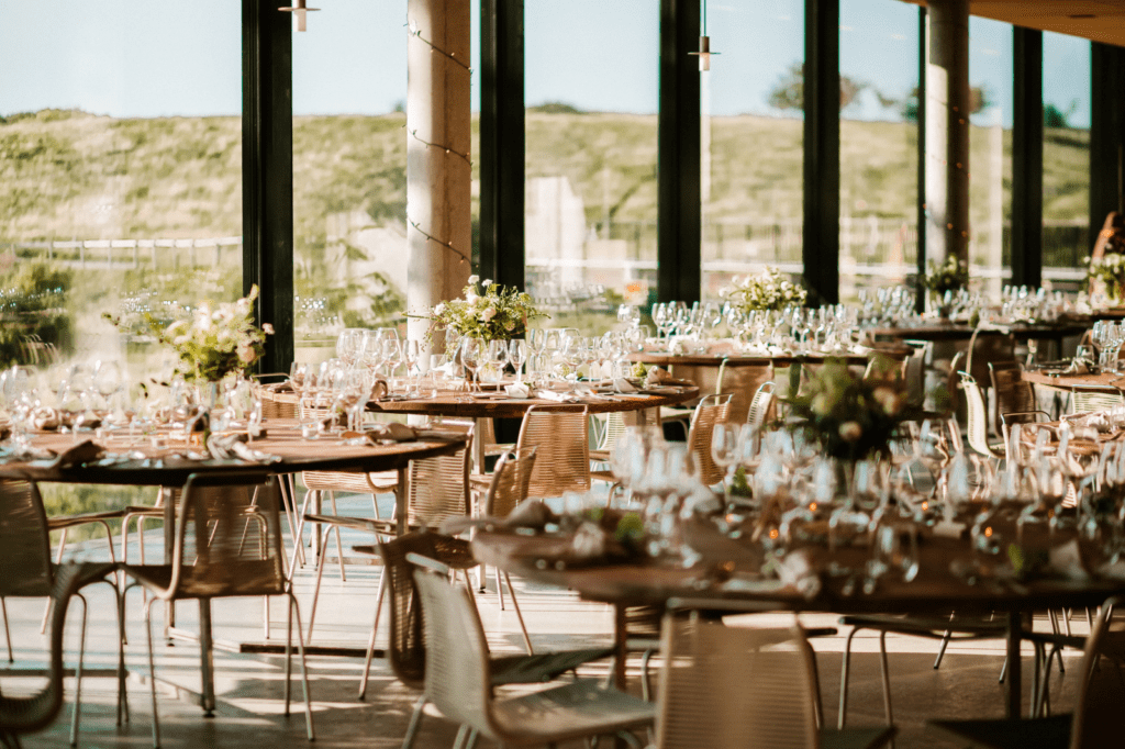 A wedding banquet with decked tables on Bornholm in Denmark.